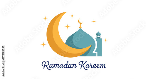 Ramadan Kareem Islamic Crescent Moon and Mosque Dome Illustration with Stars