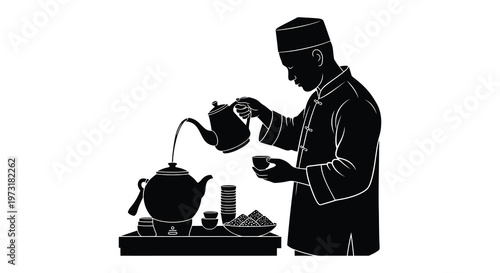 A striking black silhouette depicts a man pouring tea accompanied by traditional teaware and snacks silhouette high quality professional detailed modern