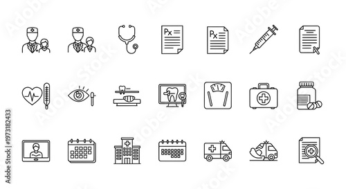 A comprehensive concept collection of modern healthcare and medical line icons, representing essential patient care, diagnostic tools, and services