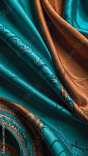 A vibrant fabric with teal and gold hues