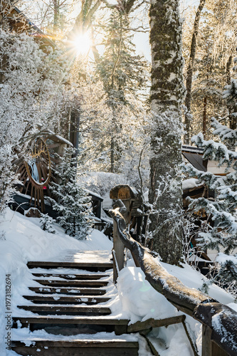 Snowy Wooden Steps in Serene Winter Forest