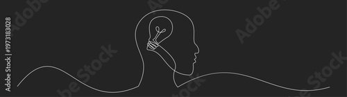 Continuous Line Drawing of Human Head Profile with Light Bulb Symbolizing Idea and Creativity