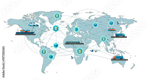 Global Logistics Network: World Map with Transportation Icons and Connections