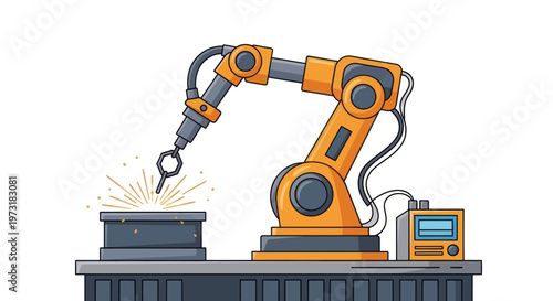 Industrial robot arm welding metal with sparks on white background, modern manufacturing