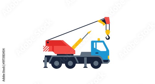 Flat design illustration of a crane truck with a hook and boom on a white background