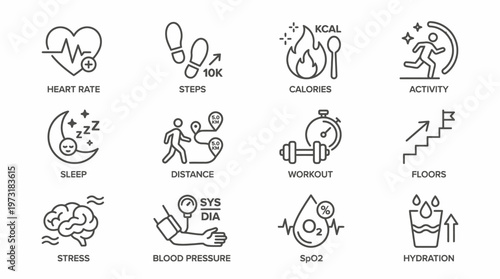 Set of Health and Fitness Icons Heart Rate, Steps, Calories, Activity, Sleep, Distance, Workout, Floors, Stress, Blood Pressure, SpO2, Hydration