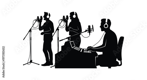 A striking black silhouette depicts musicians recording in a studio showcasing vocalists and a producer at work silhouette high quality professional