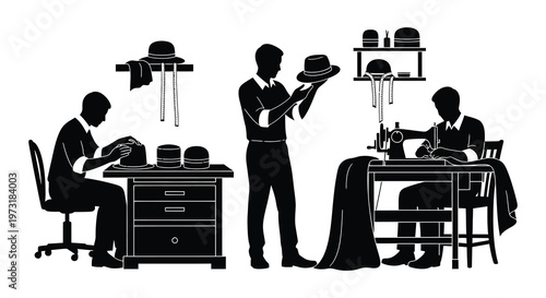 A vintage hat shop scene depicts artisans crafting and displaying headwear in a stark silhouette high quality professional detailed modern elegant