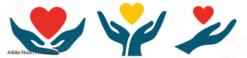 Hands holding heart vector icon set. Charity, healthcare, love and support flat silhouette symbols isolated on white background.
