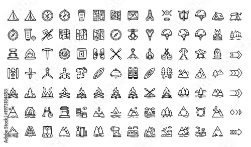 Minimal Outline Camping and Adventure Icons Collection in Organized Rows for Travel and Sports Graphics