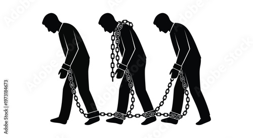 Three men connected by chains walk forward heads bowed in a stark black silhouette high quality professional detailed modern elegant stylish