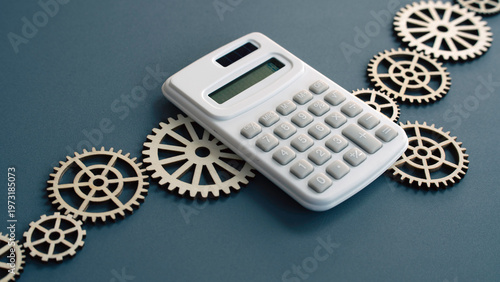 White electronic calculator placed over a row of wooden gears representing financial processing and business calculation mechanics.