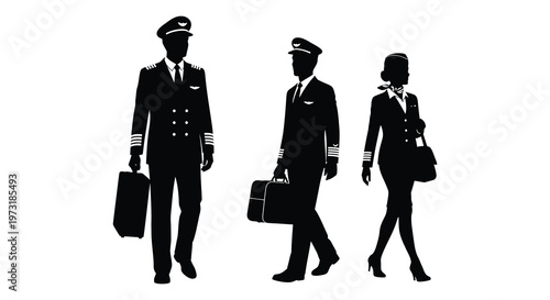 Three airline professionals including pilots and a flight attendant are depicted in a striking black silhouette high quality professional detailed modern