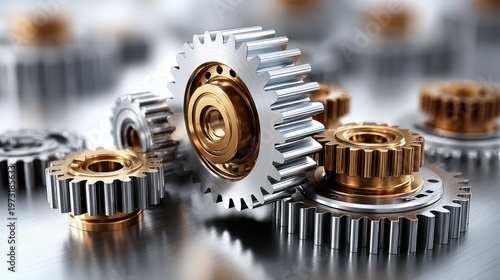 Close-Up View of Metallic Gears with a Mix of Silver and Gold Finishes Reflecting Light on a Smooth Surface in an Industrial Background Setting