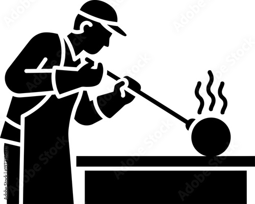 Man glassblower crafting a hot glass on a table. Glassmaking occupation and craft. Vector icon for industrial design