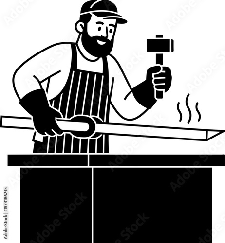 Man blacksmith hammering hot metal bar on anvil at workshop. Forging process, metalwork, craftsmanship, industrial concept. Vector illustration