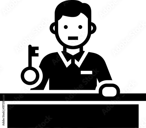 Man reception worker giving key to client. Professional hotel service. Icon illustration for hotel, hostel, guest house, motel, apartment