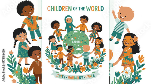 A colorful illustration of diverse children from around the world holding hands in unity and harmony with the Earth.