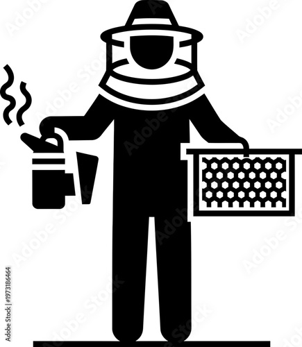 Man beekeeper in protective suit holding smoker and honeycomb frame. Apiculture, honey production concept. Flat black icon for design