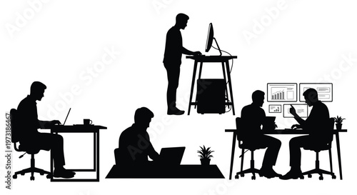 A black silhouette depiction of people working in an office environment with computers and desks showcasing modern work styles silhouette