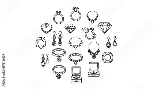 Modern jewelry icons collection with rings, diamonds, necklaces, and fashion accessories