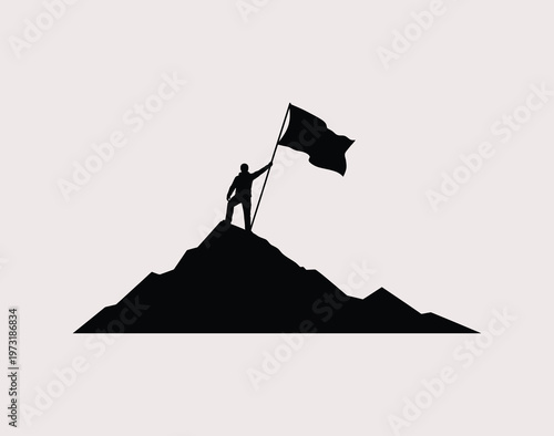 A black silhouette of a triumphant climber standing on a mountain peak holding a waving flag