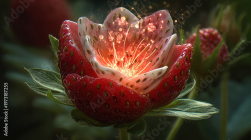 Strawberry-shaped bloom glows warmly with internal sparkles