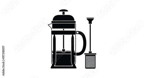 A black and white graphic depiction of a french press coffee maker and plunger presented as a silhouette high quality professional