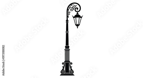 An elegant black silhouette of a vintage street lamp with ornate details standing tall against a white background silhouette high quality