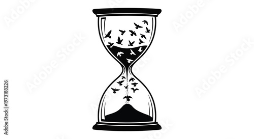 An hourglass shape contains a flock of birds in flight creating a symbolic representation of time passing silhouette high quality