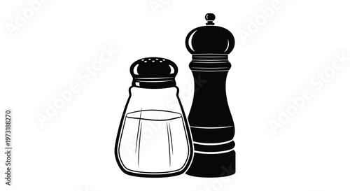 A striking black and white depiction of a salt and pepper shaker pairing presented as a bold silhouette high quality professional detailed modern