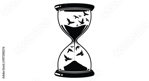 An hourglass shape contains a flock of birds in flight creating a symbolic image of time passing silhouette high quality