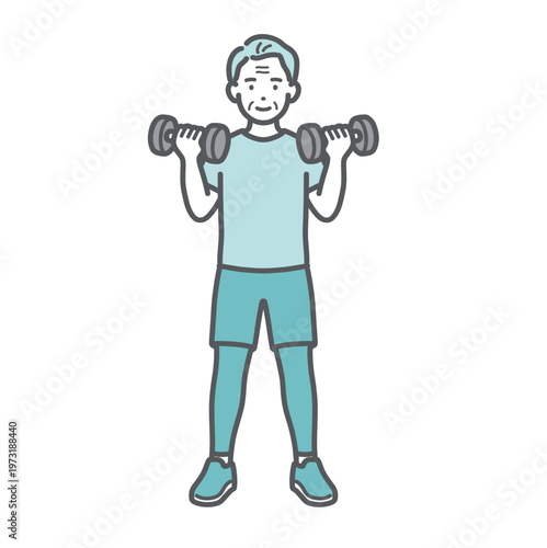 笑顔でダンベルトレーニングをするシニア男性のイラスト