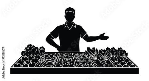 A vendor presents a colorful display of fresh produce from behind a market stall rendered as a silhouette high quality professional