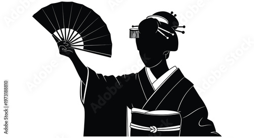 A striking black silhouette depicts a traditional japanese woman with a fan showcasing cultural elegance silhouette high quality professional detailed modern