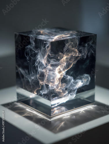 Abstract art cube with luminous vapor inside