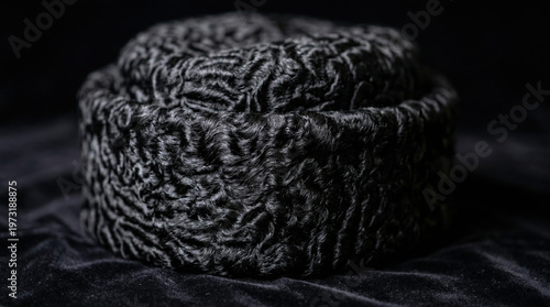 A Karakul fur hat resting on dark velvet, showcasing its texture. wildlife magazines, conservation campaigns, designed for nature documentaries and education, celebrates biodiversity.