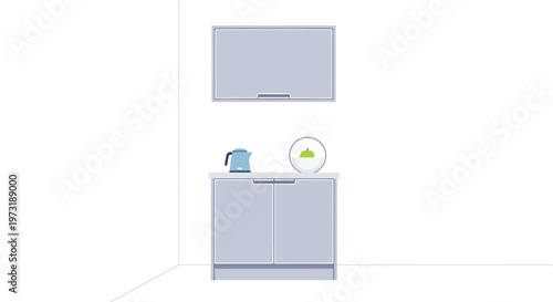 Minimalist kitchen interior with kettle and apple on counter