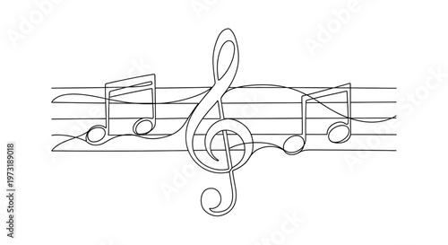 Single line drawing of music notes and treble clef on staff