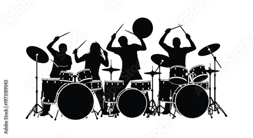 A dynamic group of musicians energetically playing a full drum set captured in a striking black silhouette high quality professional detailed