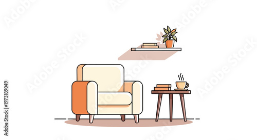 Cozy living room corner with armchair, coffee, and books.