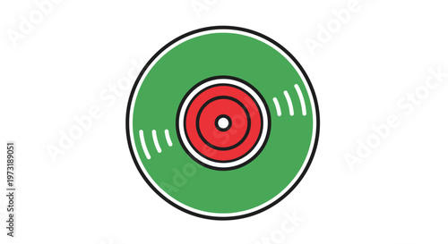 Green vinyl record with red center and white lines on a white background