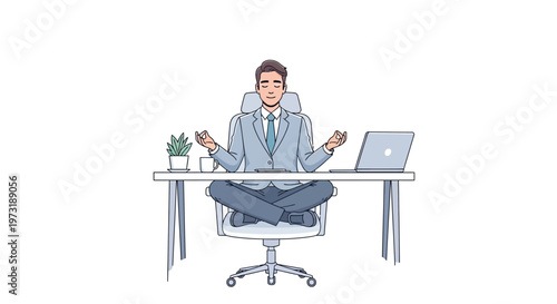 Businessman meditating at his desk for stress relief