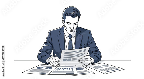 Focused businessman analyzing financial reports and data on his desk.