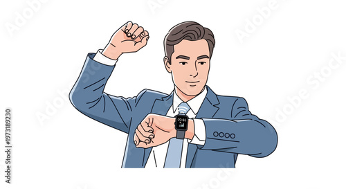 A business professional checks his smartwatch with a focused expression.