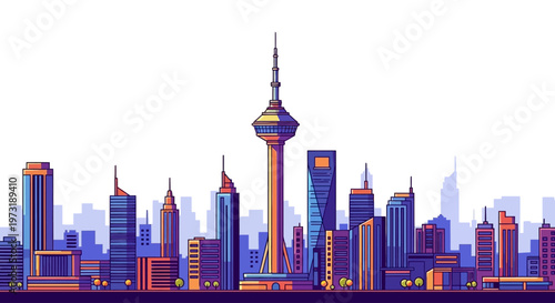 Colorful city skyline with modern skyscrapers and a central tower.