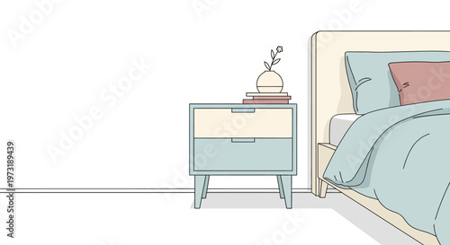 Cozy minimalist bedroom scene with bedside table and bed