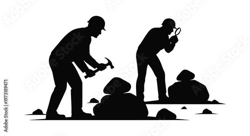 Two miners examining rocks with a hammer and magnifying glass depicted in a striking black silhouette high quality professional detailed modern