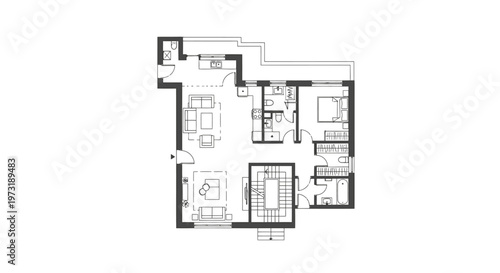 Architectural floor plan drawing of a modern house layout with furniture.