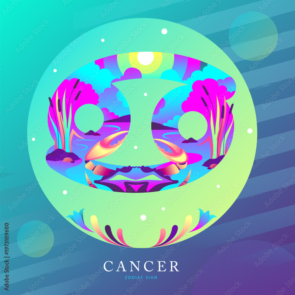 Fototapeta premium Modern magic witchcraft card with astrology Cancer zodiac sign on fluorescent background. Flat design. vector illustration
